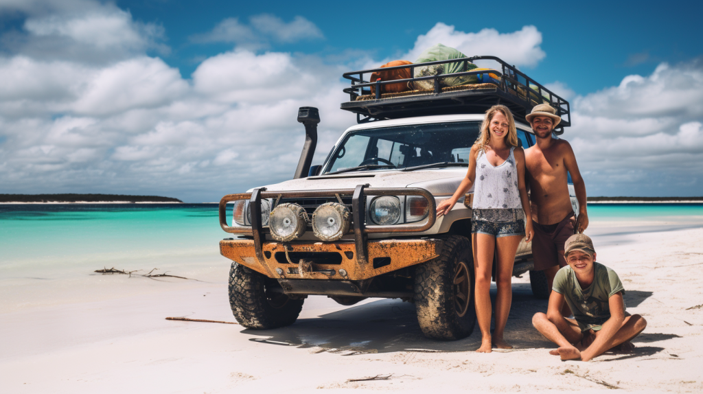 Australian family beach camping in a landcruiser 4WD generated by AI Mid Jounrey
