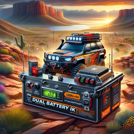 Vibrant dual battery kit for 4WD vehicles in Australian outback setting, featuring 120Ah Battery Box and Voltage Sensitive Relay kit with USB ports and LED voltmeter, appealing to young adventurers in Australia.